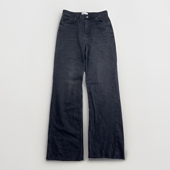 Y2K Zara Wide Leg Baggy Jeans Wom Size 8 Dark Wash Off-black High Rise Cut-Off - Picture 1 of 11